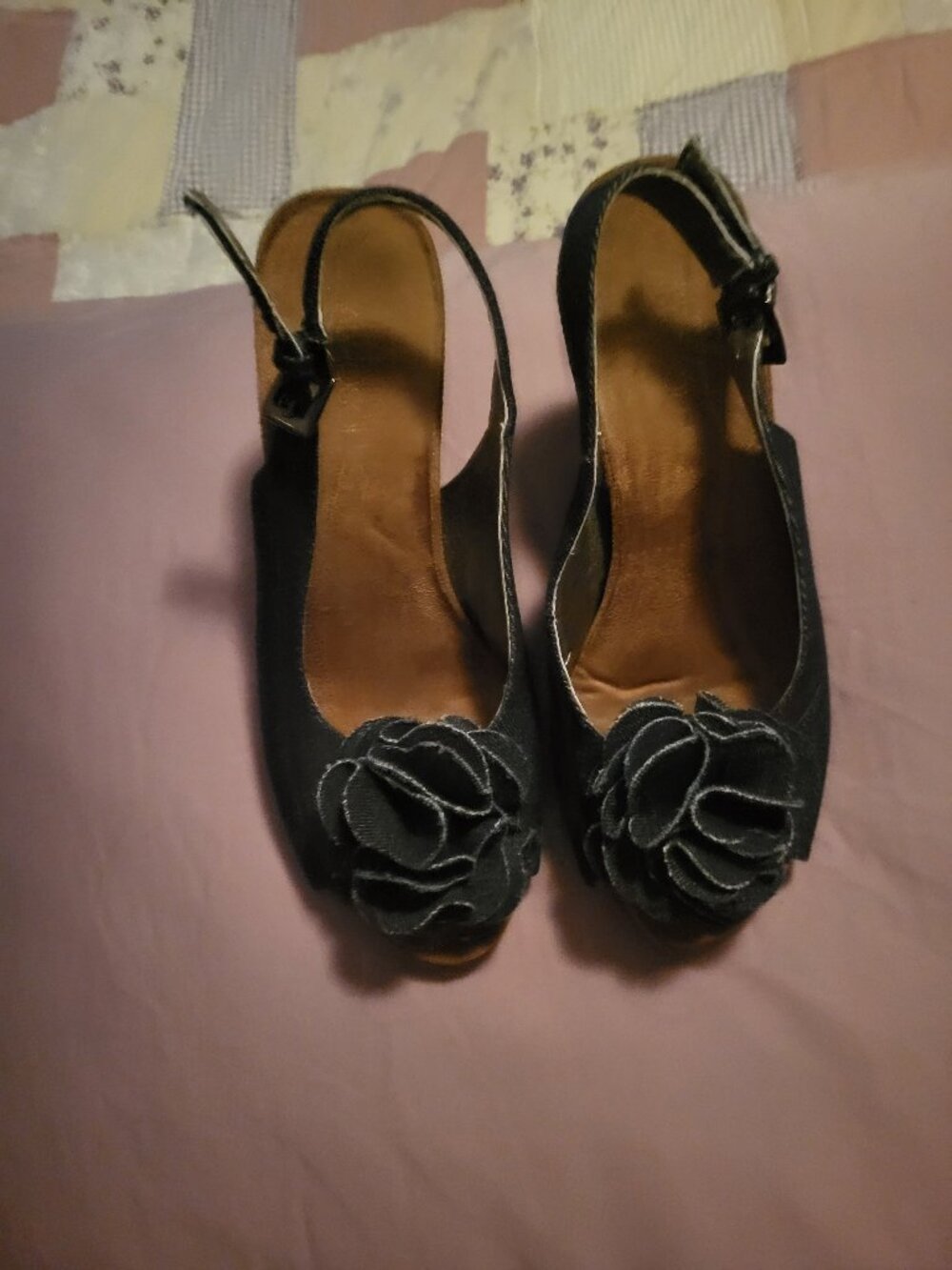 Aerosoles Dark Denim Floral Rosette Peep Toe Slingback Wedges | Size 7